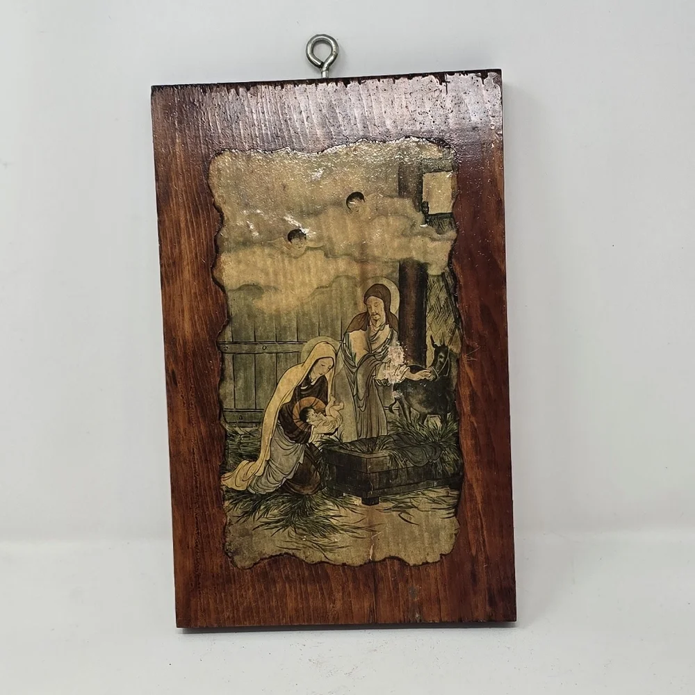 Vintage folk art wood wall‎ art decoupage holy family nativity religious.
